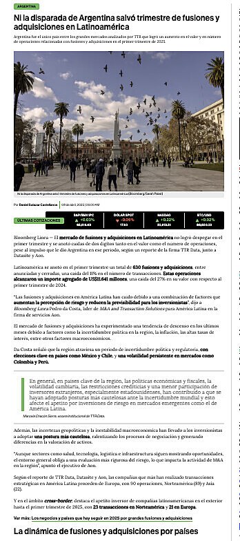 Ni la disparada de Argentina salv� trimestre de fusiones y adquisiciones en Latinoam�rica